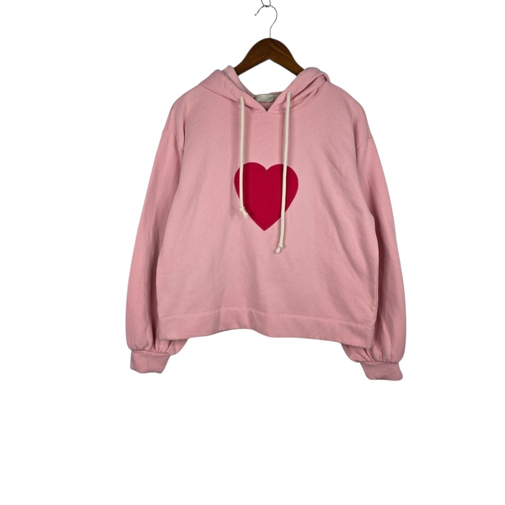 LOFT Heart Hoodie Women Size M Bubble Gum Pink Fleece Balloon Sleeve Pullover